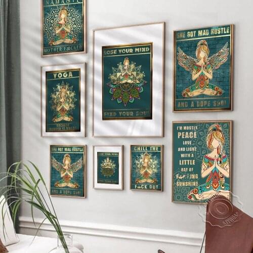 Yoga Blue Green Retro Art Poster, Namaste Nordic Style Meditation Relaxed Wall Picture, Six Yoga Gym Home Living Room Wall Decor