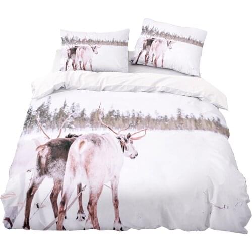 Reindeer Sleigh Pattern Duvet Cover 220x240 Pillowcase 3Pcs,229x260 Quilt Cover,White Blanket Cover , Extra Large Bedding Set