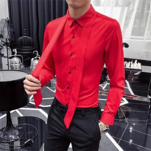 Korean red sapphire blue shirt mens male new solid color non-iron tight-fitting tie officiating wedding dress youth long-sleeved