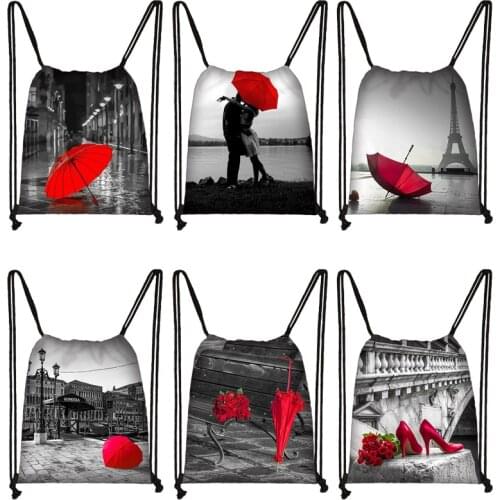 Rose Umbrella Red&Black Series Drawstring Bags Woman Travel Shoulder Bag Large Capacity Storage Bag Portable Backpacks