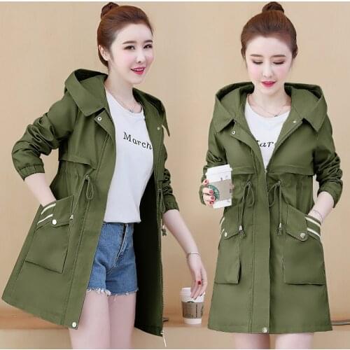 2021 New Spring Autumn Casual Hooded Trench Coat Women Plus Size Mid-Length Zipper Basic Ladies Windbreaker Female Outerwear