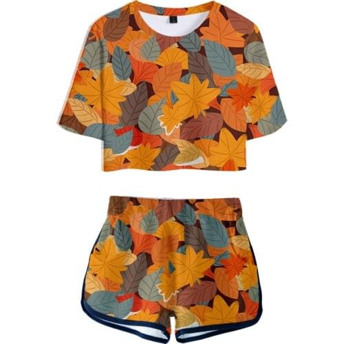 Women T-shirt Short Pants Sexy Two Piece Set Fallen Leaves 3D Print Sports Suit Cute Women Seaside Casual Short Pants T-shirt