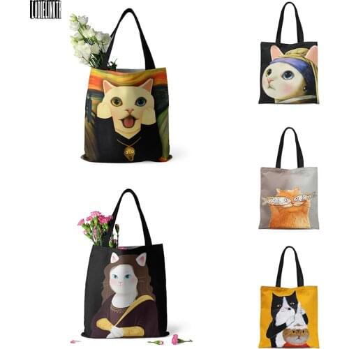 Creative Design Female Retro Canvas Handbag Funny Cat Cartoon Oil Painting Shopping Bag Girl Large-Capacity Shoulder Bag Totes