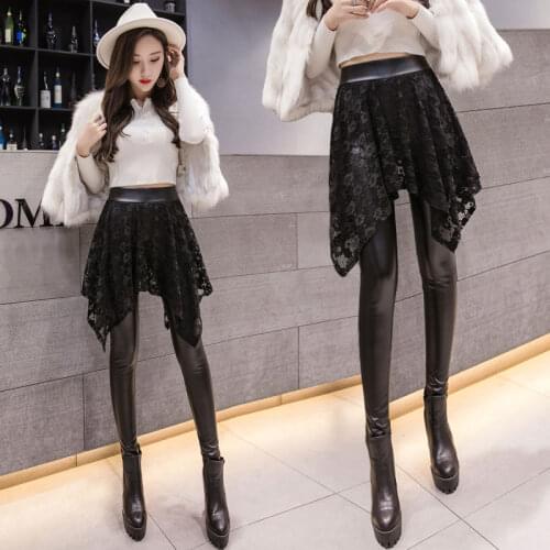 Women Fashion Lace Fake Two-Piece PU Leather Pants Bottoming Fleece Thicken Skinny Pants Female Black Irregular Stacked Leggings
