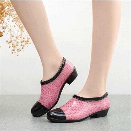 Women Rain Boots Ankle Chunky Heels Boots Green Blue Red Floral Women Fashion PVC Boots Waterproof Female Ladies Working Shoes