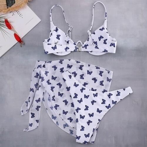 Women Swimwear Three-pieces Butterfly Bikini Underwire set Femme Bather Bathing Suit Swim Sweamwear Female 2021 Summer Swimsuit