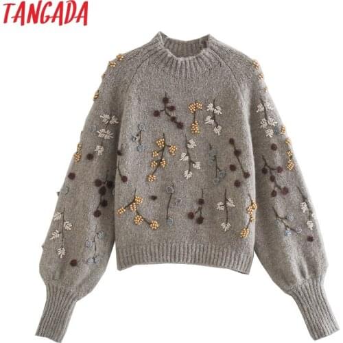 AOMO Women Beading Flowers Turtleneck Sweater Jumper Female Elegant Oversize Pullovers Chic Tops 3L68A