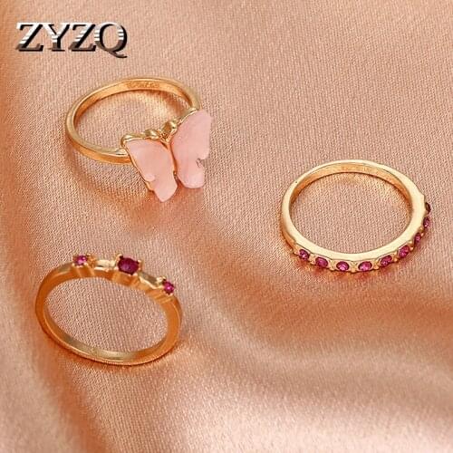 ZYZQ 2021 Luxury Retro Butterfly Ring 3-piece Set Geometric Temperament Ring For Women Girls Fashion Jewelry Accessories