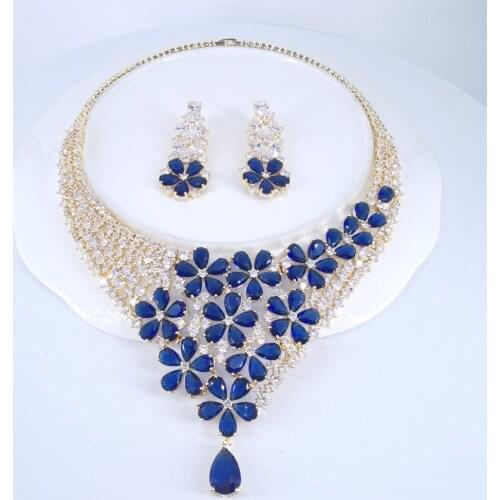 2021 Hot sale New fashion vintage ROMANTIC blue flowers golden necklace earring set wedding party birthday jewelry free shipping