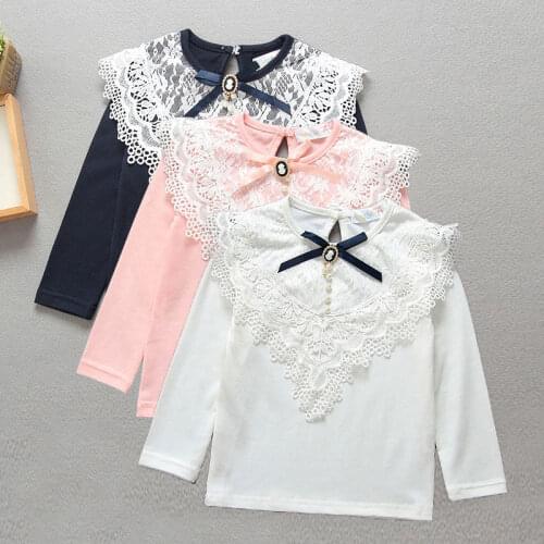 Baby Girls Blouses Spring Autumn Kids Long Sleeve Girls Lace Shirts Bow Beading Blouse Shirt For Children Clothing Tops