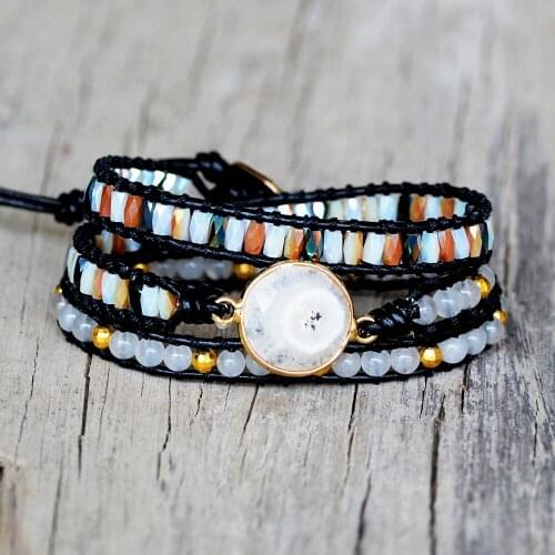 Solar Quartz Leather Wrap Bracelets Handmade 3 Strands Women Bracelets Natural Crystal Beaded Genuine Leather Bracelet Dropship