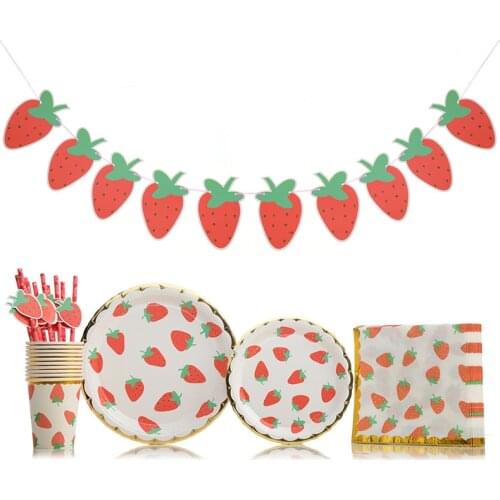 Red Strawberry Theme Party Decoration Tableware Paper Cup Plate Straw Napkins Banners Baby Shower Kids Birthday Party Supplies