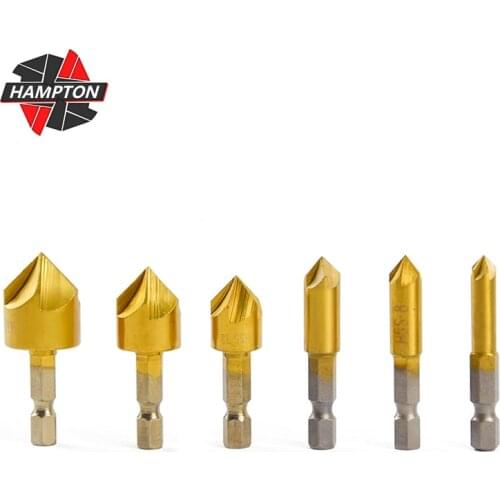 6-19mm HSS Countersink Drill Bit Set 6pcs 5 Flute Titanium Coated Chamfer Drill Bit Hex Shank 90 Degrees Wood Chamfering Cutter