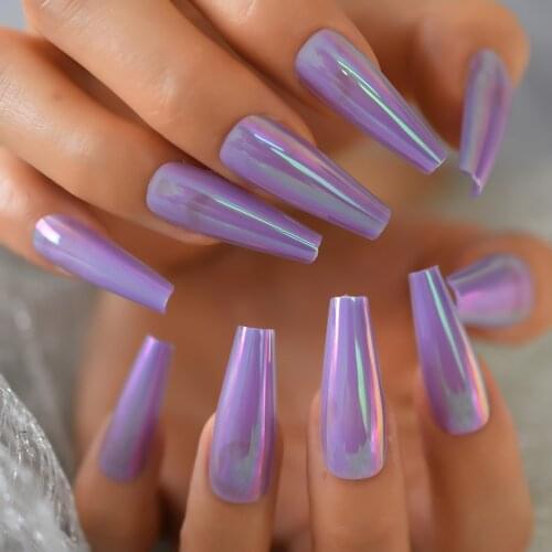 24pcs Aurora Purple Ballerina Long Coffin Glossy Holographic Fake Nails Press on Nail False Tips Manicure for Women and Girls
