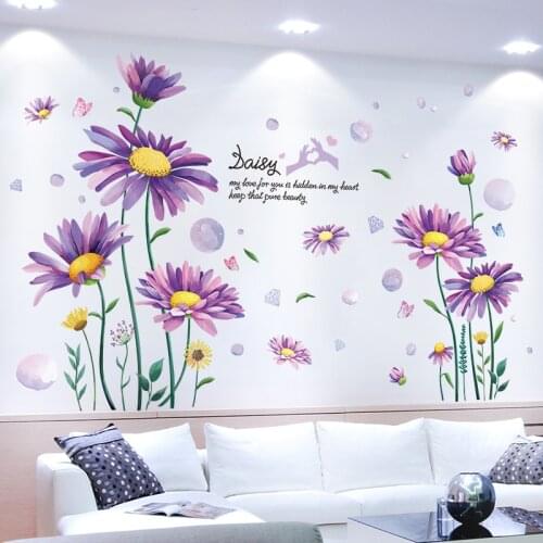 [SHIJUEHEZI] Purple Daisy Wall Stickers DIY Flower Plants Mural Decals for Living Room Kids Bedroom Kitchen Home Decoration