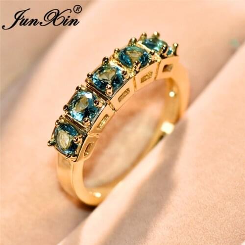 JUNXIN Single Row Clear Blue Zircon Wedding Rings For Women Yellow Gold Filled Round Crystal Ring Female Stackable Midi Ring CZ