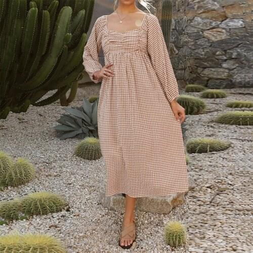 Autumn Plaid Square Neck Long Dress Women Elegant Long Puff Sleeve Office Ladies Dress Holiday Robe 2021 New Female Vestidos