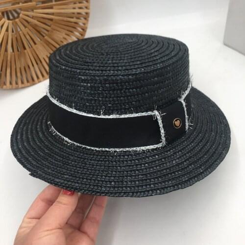 Flat small straw female spring/summer joker Sir Black letters short brim straw female Fedora restoring Fedora ways Sun Hats