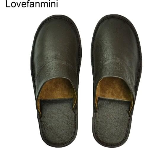 Slippers men big sizes Genuine Cow Leather home male indoor house for Mens slippers women man slipper Luxury soft Flat shoes