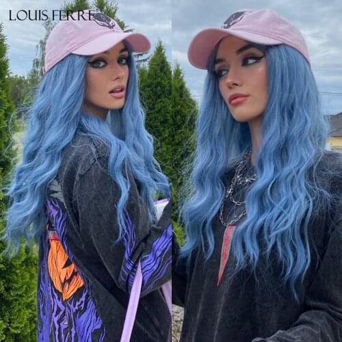 LOUIS FERRE Long Water Wave Cosplay Blue Synthetic Wigs High Temperature Party Daily Hair Wigs with Bangs for White/Black Women