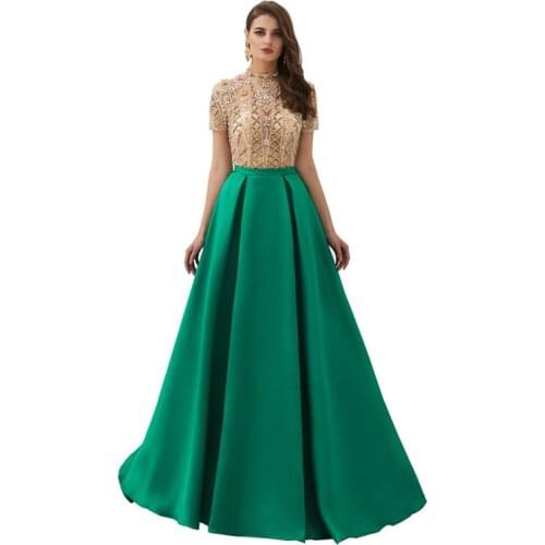 High Quality O-Neck Short Sleeves Beading Sequined Long Evening Dress Prom Party Gown Robe de soiree Vestido de noche 59322