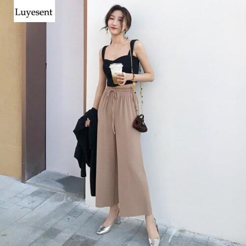 Women flare pants solid loose elastic waist stretch solid grey beige cream shir full length 2021 fashion lady femme casual