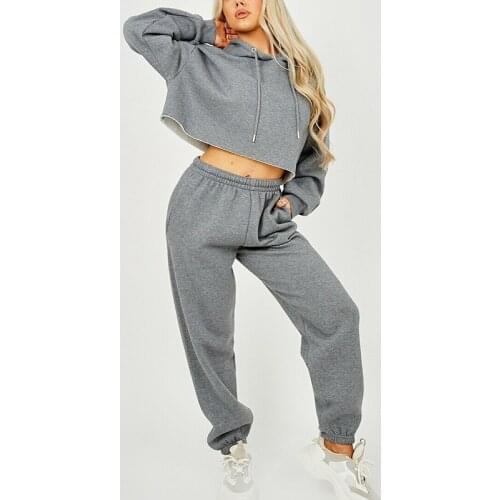 Womens Tracksuit Cropped Hoodies Jogger Set Solid Hooded High Waist Pants Suit Female 2021 Autumn Casual Lady Sportswear Sets