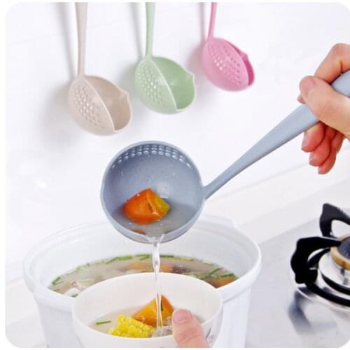 2 in 1 long steel plastic tableware spoon bag cooking kitchen filter handle filter soup tool colander household spoon