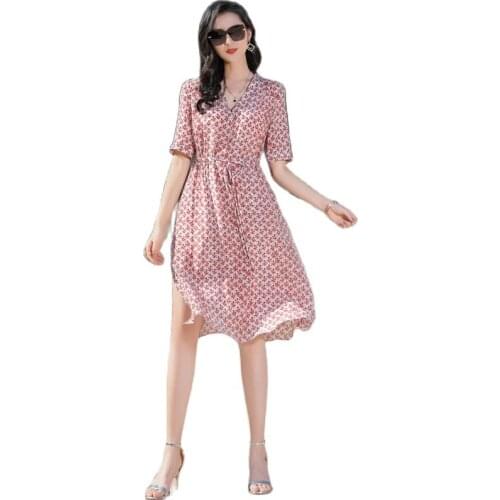 21LLT2229 New Womens Spring Clothing Large Size Loose Socialite Temperament Waist-Controlled 100% Silk Printed Dress Women