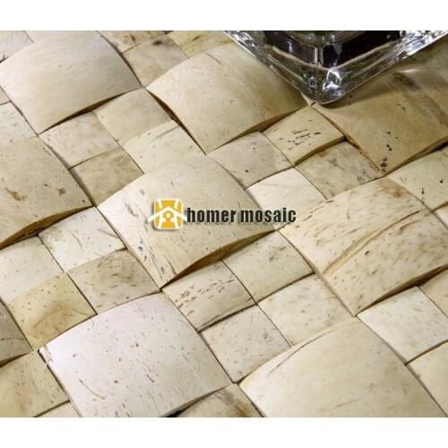 3D convex white beige color natural coconut shell mosaic tiles on mesh 30x30cm wall decor wall mosaic tiles
