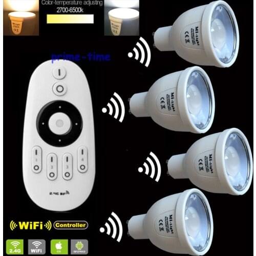 4x 2.4G GU10 6W Color Temperature Adjustable Dual White CW+WW CCT WiiFi Compatible LED Bulb +1x2.4G Mi.Light Wireless Remote