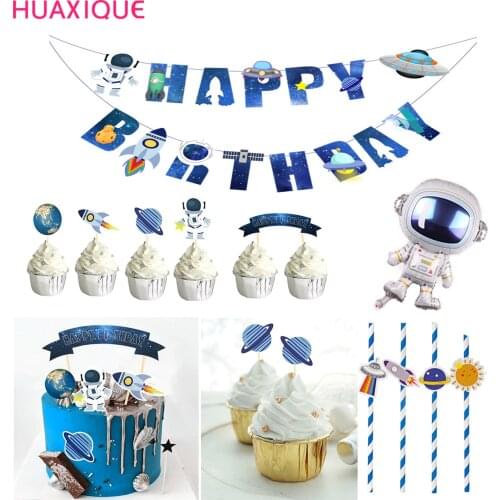 Astronaut Theme Cupcake Topper Rocket Satellite Cake Flags Birthday Party Supplies Cake Decorative Outer Space Party Decorations
