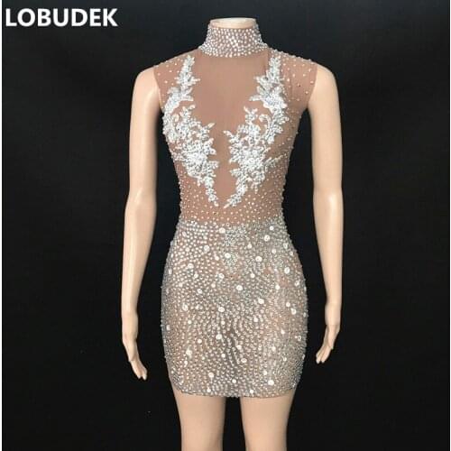 Bar Nightclub Women DJ Singer Stage Wear Silver Rhinestones See Through Mesh Wrap Hips Dress Evening Party Birthday Prom Costume