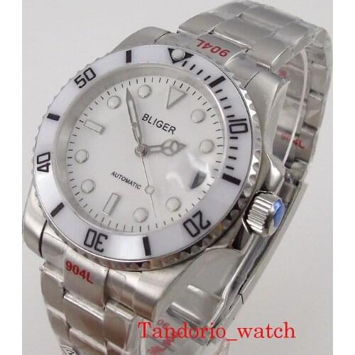 Bliger NH35 MIYOTA 8215 40mm White Dial Sapphire Glass Luminous Date Movement Oyster Bracelet Ceramic Bezel