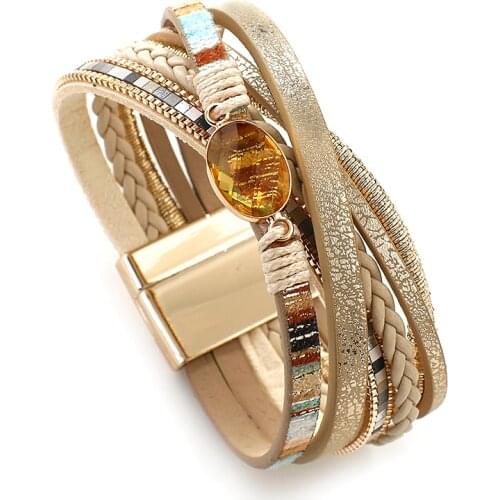 Amorcome Rhinestone Gold Leather Bracelets For Women 2020 Fashion Crystal Ladies Boho Wide Braid Charm Bracelet Female Jewelry