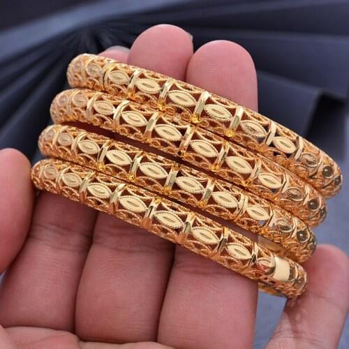 24K 4pc/lot Dubai Bangles Gold Color Bangles For Women Girls Bracelet Hand Jewelry Arab Gift