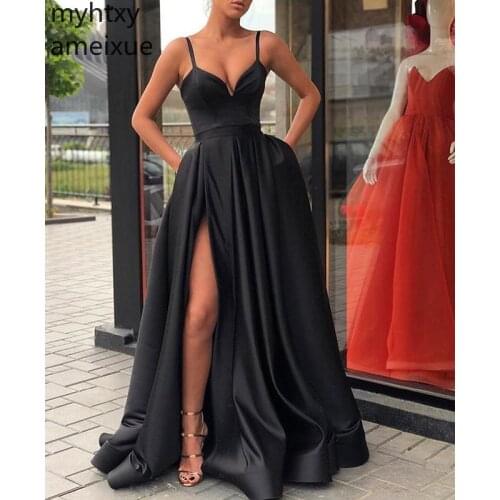 Black Muslim Plus Size Evening Dresses Robe Cheap 2021 A-line Spaghetti Straps Slit Sexy Islamic Dubai Saudi Arabic Long Elegant