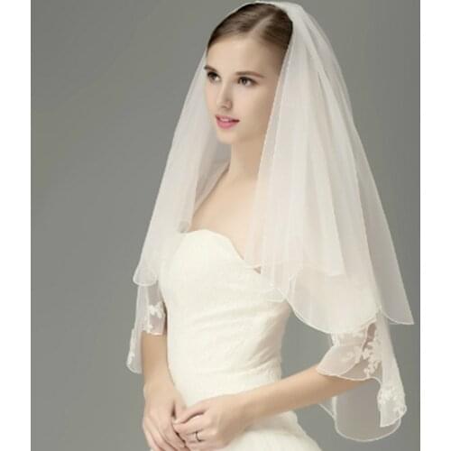 2 layer soft Material short Appliqued Lace Wedding Veil Pencil Edge White Ivory Bridal Veils