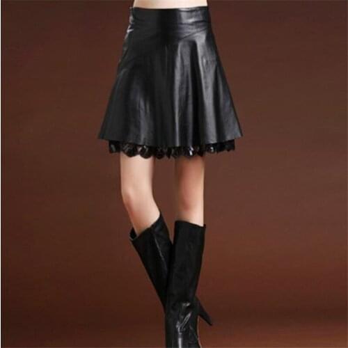 Woman Plus Size Black Skirt Female Winter Skirt Lady Oversized Autumn High Waist Leather Skirt Pu Lace Splice Slim A Line Skirts