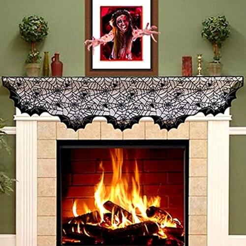 Halloween Decor Props Black Lace Spiderweb Curtain Tablecloth Fireplace Bats Mantle Scarf Trick Or Treat Banner Cosplay