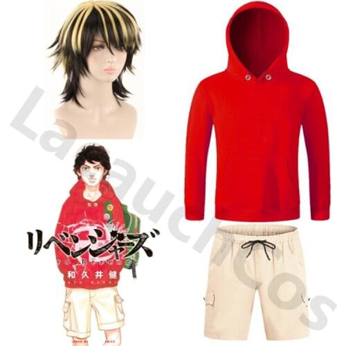 Anime Tokyo Revengers Hoodie Hanagaki Takemichi Ken Ryuguji Cosplay Costumes Red Sweater Male Woman Sweatshirt Shorts Wigs Suit