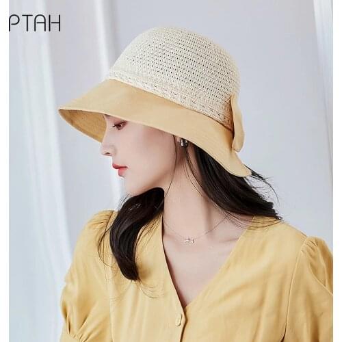 [PTAH] Summer Sun Hat Women Breathable Comfortable Caps Bigger Bow Straw Cloth Foldable Roll-up Beach Hats Sun Protection Visors