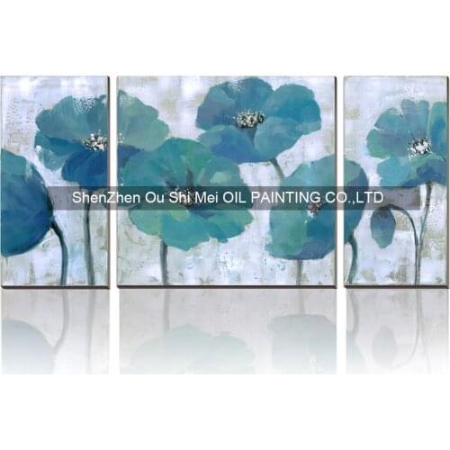 Best Selling Handmade Items Modern Paintings 3p Art Decor Pink Flower Paintings Wall Oil Painting for Home Decor Blue Abstract