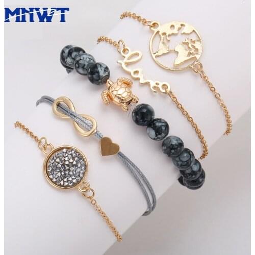 MNWT 5pcs/Set Vintage Fashion Bohemia Women Bracelet Crystal Stones Love Heart Cute Female Bracelets Bangle For Lady Jewelry