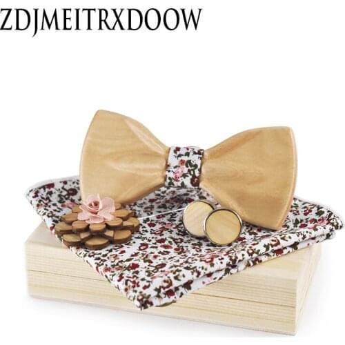 Mens Wooden Bow Tie Set for Wedding Suit Wood Bowties Brooch Handkerchief Cufflinks Set Gravatas Slim Shirt Bow Ties