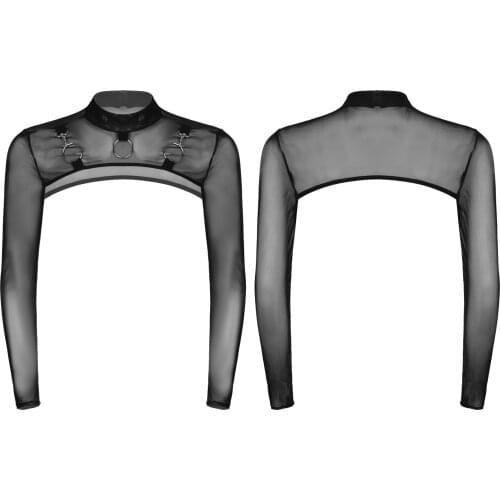 Mens Male Lingerie See-Through Mesh Half Crop Top Mock Neck Long Sleeve O-Ring Decor T-Shirt Party Stage Performance Clubwear