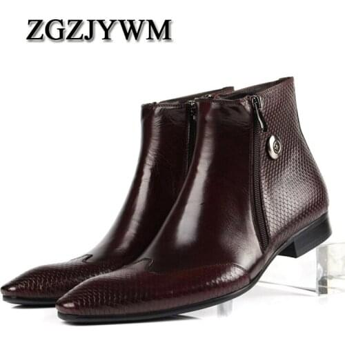 ZGZJYWM New Cowhide Pointed Toe Genuine Leather Fashion Mens Zipper Work Bullock Patterns Oxford Dress Shoes For Men Boots