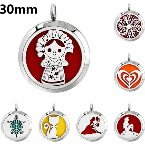 New 30mm Pendants 316L Stainless Steel Aromatherapy Essential Oil Diffuser Locket Pendant with 10 Felt Pads randomly