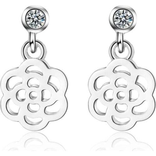 New Personality Rose Female Korean Style 925 Sterling Silver Jewelry Fashion Design Hollow Flower Crystal Stud Earrings SE800