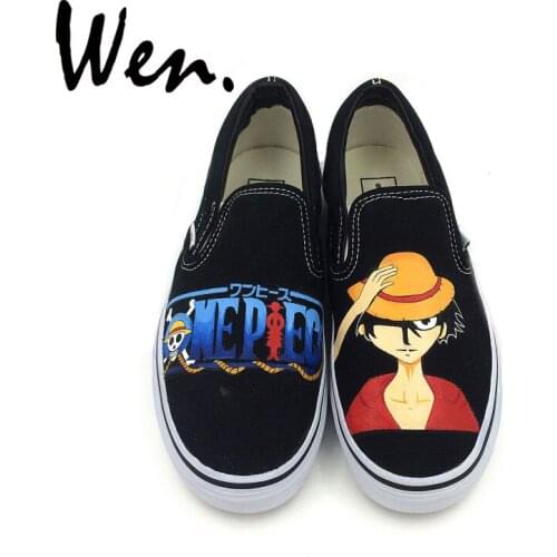 Wen Design Hand Painted Shoes Anime One Piece Monkey D. Luffy Slip On Canvas Shoes Custom Sports Sneakers Boys Girls Presents